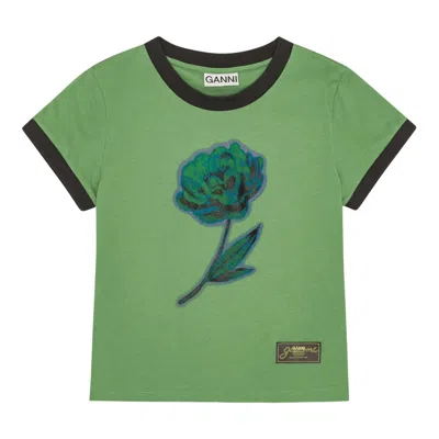 Ganni Basic Cotton Jersey Peony Cropped T-shirt In Green