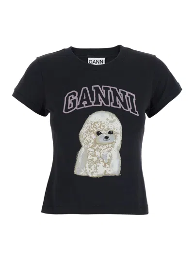 GANNI BLACK T-SHIRT WITH ROUND NECK AND MAXI LOGO ON THE FRONT IN COTTON WOMAN