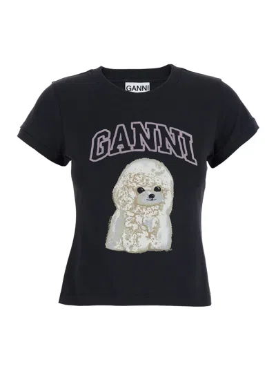 Ganni Washed Black T-shirt With Poodle Print In Animal Print