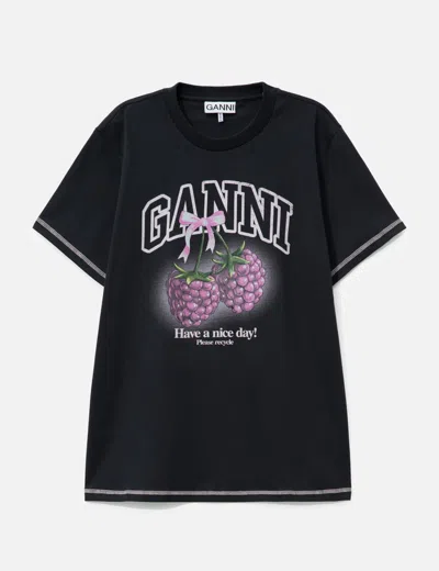 Ganni Basic Cotton Jersey Raspberry Print In Black