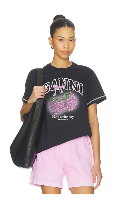 Ganni Basic Cotton Jersey Raspberry Print T-shirt In Black