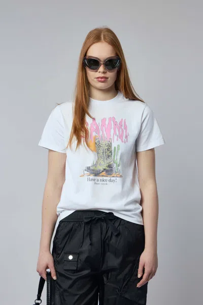 Ganni Graphic Print Relaxed Fit Short Sleeve Top In White