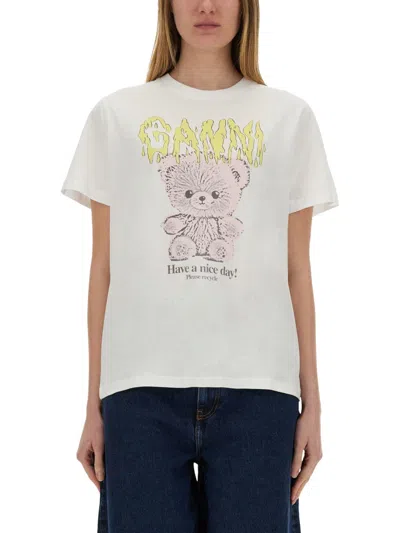 Ganni Basic Cotton Jersey Teddy Relaxed Tee In White