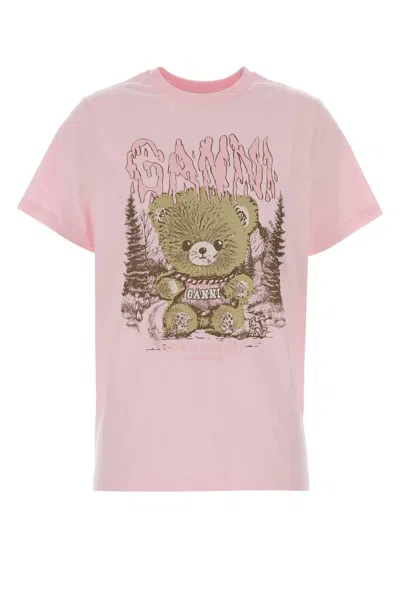 Ganni Basic Cotton Relaxed T-shirt With Teddy Forest Print In Chalk Pink