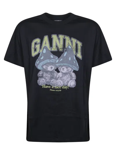 Ganni Basic Cotton Relaxed T-shirt With Teddy Mushrooms Graphic In Black