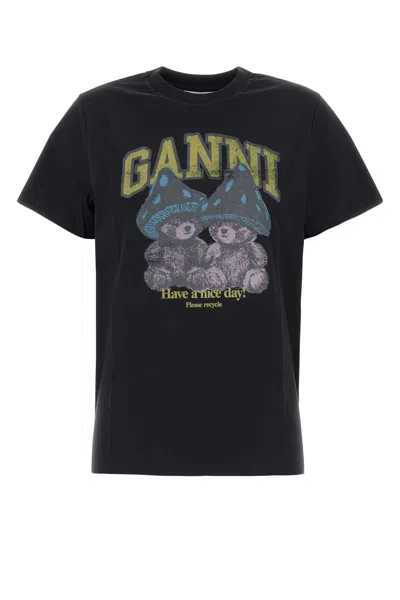 Ganni Basic Cotton Relaxed T-shirt With Teddy Mushrooms In Black