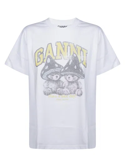 Ganni Basic Cotton Relaxed T-shirt With Teddy Mushrooms In White