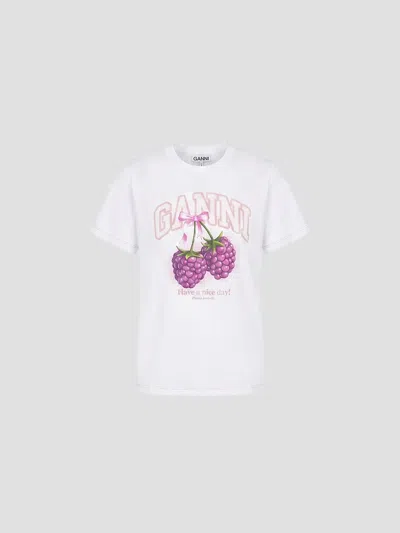 Ganni Basic Cotton T-shirt With Graphic Print In White