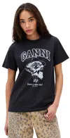 Ganni Black Crewneck T-shirt With Maxi Logo Lettering On The Front And Maxi Print On Front And Rear In Phantom