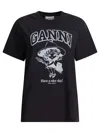 Ganni Black Crewneck T-shirt With Maxi Logo Lettering On The Front And Maxi Print On Front And Rear
