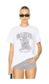 Ganni White T-shirt With Print And Logo Lettering On The Front In Cotton Woman In 豹纹