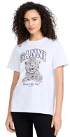 Ganni White T-shirt With Print And Logo Lettering On The Front In Cotton Woman In Leopard