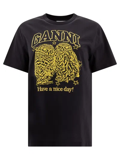 Ganni Basic Jersey Owls Relaxed T-shirt T-shirts Black In Grey