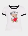 Ganni White Crewneck T-shirt With Logo Print On The Front In Bright White