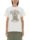Ganni White T-shirt With Print And Logo Lettering On The Front In Cotton Woman