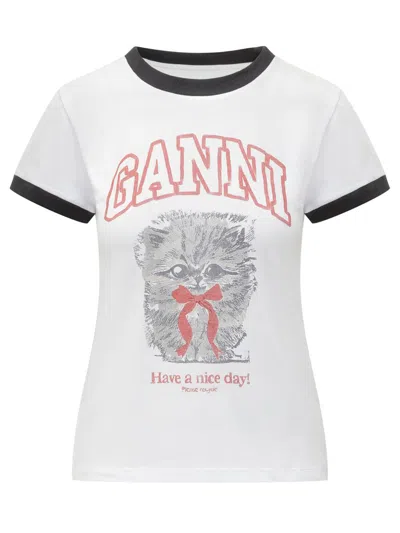 Ganni Women White Crewneck T-shirt With Maxi Print On The Front In Cotton Woman In Multi