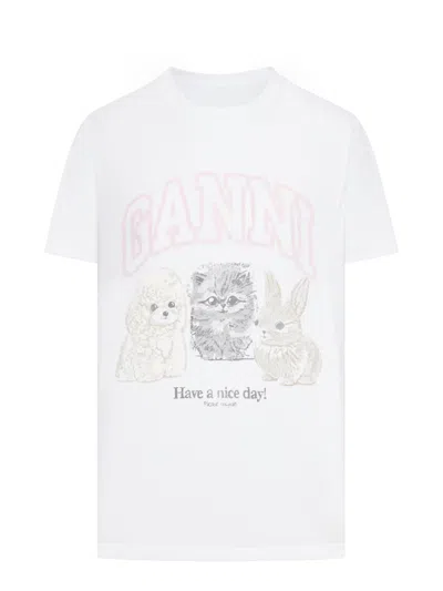 Ganni Basic T-shirt In Cotton Jersey With Animal Graphics In White