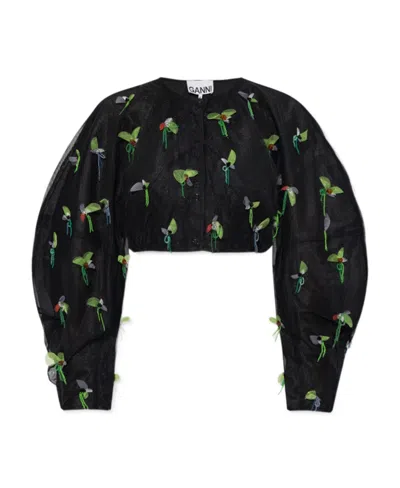 GANNI GANNI BEAD-EMBELLISHED CREWNECK CROPPED BLOUSE
