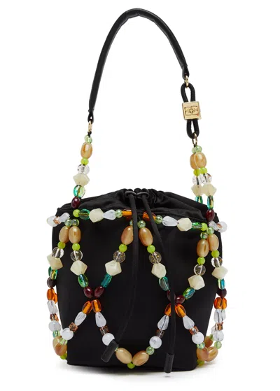 Ganni Bead-embellished Satin Bucket Bag In Black