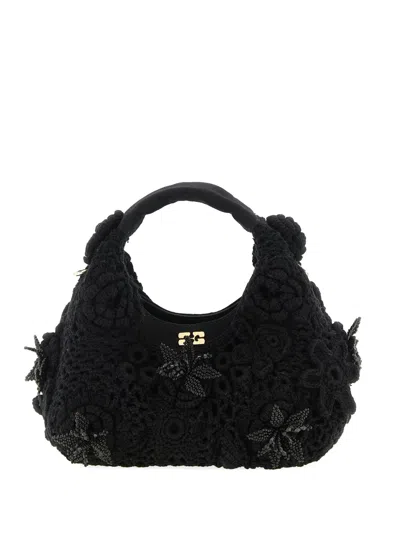 Ganni Crochet Shoulder Bag Floral Detail Top Handle In Red