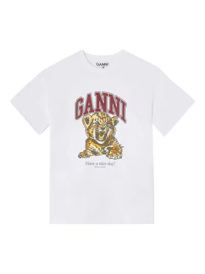 Ganni Beaded Tiger Print T-shirt With Logo In Multi