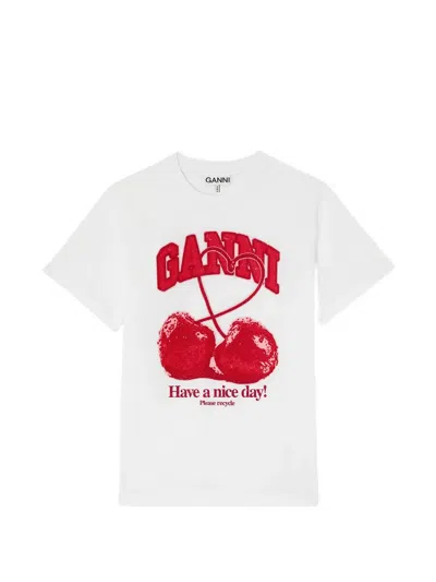 Ganni Bead-embellished Chery-print T-shirt In Multi