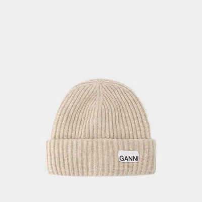Ganni Beige Fisherman Rib Beanie With Logo Patch In Wool Blend Woman