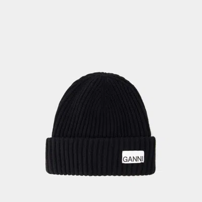 Ganni Womens Black Logo-patch Wool-blend Beanie Hat