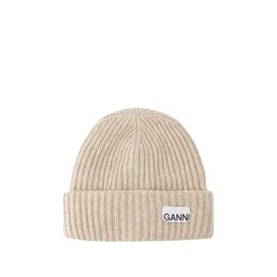 Ganni Beige Fisherman Rib Beanie With Logo Patch In Wool Blend Woman