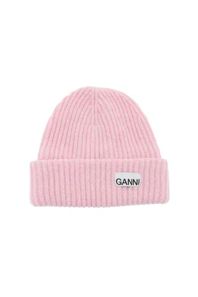 Ganni Beanie Hat With Logo Patch In 粉色的