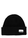 Ganni Womens Black Logo-patch Wool-blend Beanie Hat In Black