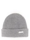 Ganni Melange Grey Logo Beanie In Gray