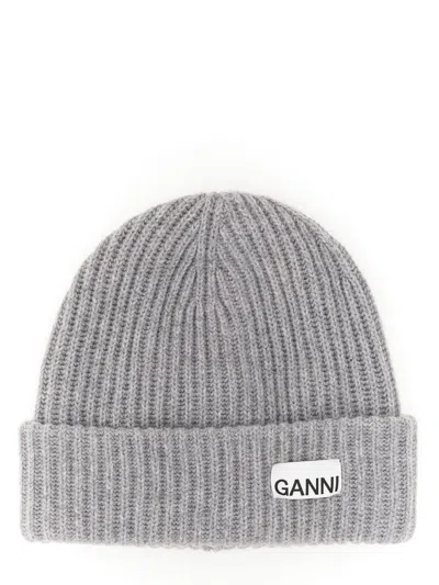 Ganni Beanie Hat With Logo In Brown