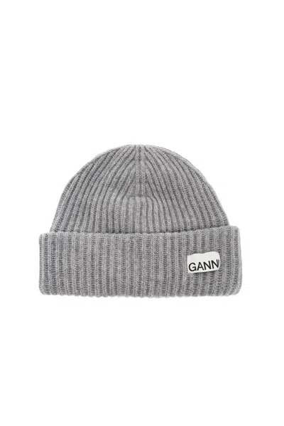 Ganni Beanie Hat With Logo Patch In Grey