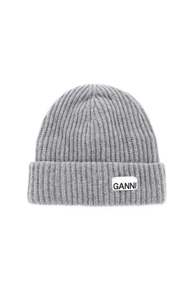 Ganni Beanie Hat With Logo Patch In Grey