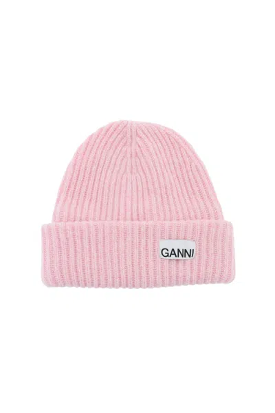 Ganni Beanie Hat With Logo Patch In Lilac Sachet (pink)