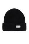 Ganni Wool-blend Ribbed-knit Beanie Hat In Nero