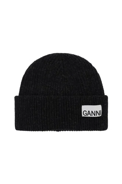 Ganni Beanie Hat With Logo In Phantom