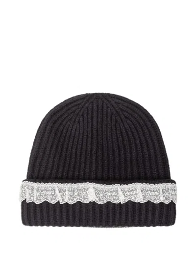 Ganni Beanie In Lace Wool In Black