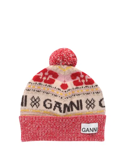 Ganni Intarsia Beanie Hat In Multicolour
