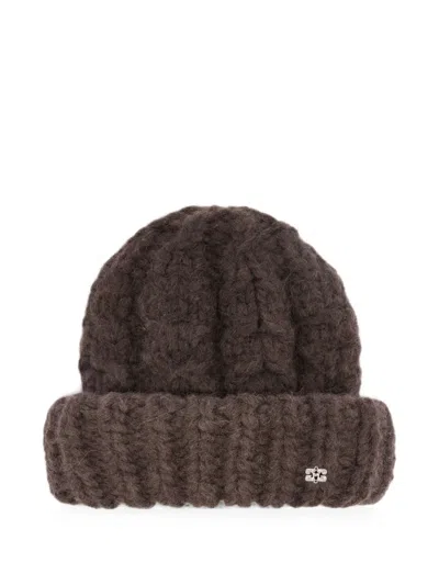 Ganni Beanie Xxl In Brown Cable Knit