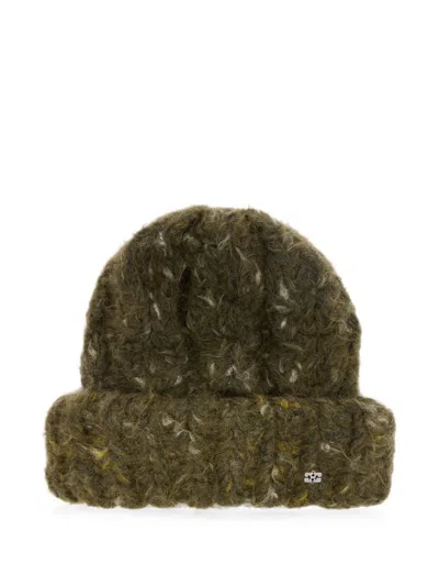 Ganni Beanie Xxl In Green Cable Knit