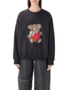 Ganni Bear Graphic Sweatshirt With Rhinestones In Black