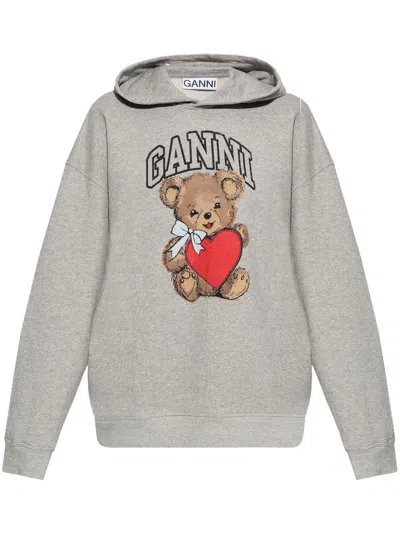 Ganni Isoli Bear Oversize Sweatshirt Hoodie In Grey