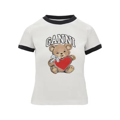 Ganni White Crewneck T-shirt With Logo Print On The Front In Cotton Woman