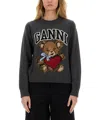 Ganni Grey Crewneck Sweater With Maxi Logo Print On The Front In Gray