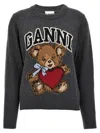 Ganni Wool Graphic Bear Crewneck Sweater In Gray