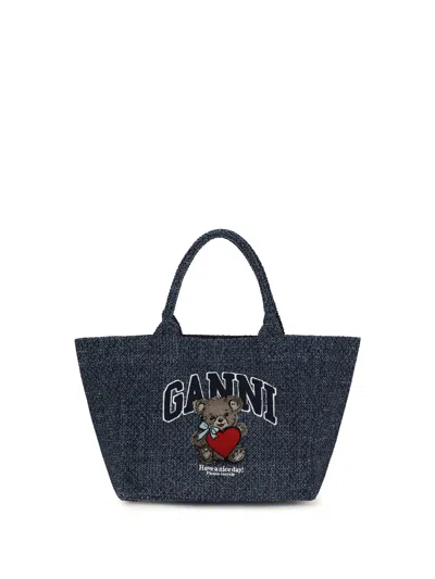 Ganni Bear-embroidered Denim Tote Bag In Blue