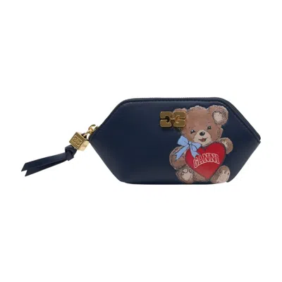 Ganni Bear-embroidered Lambskin Coin Purse In Blue