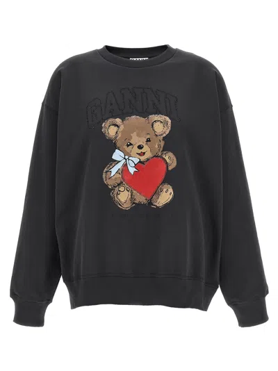 Ganni Bear-print Crewneck Sweatshirt In Black